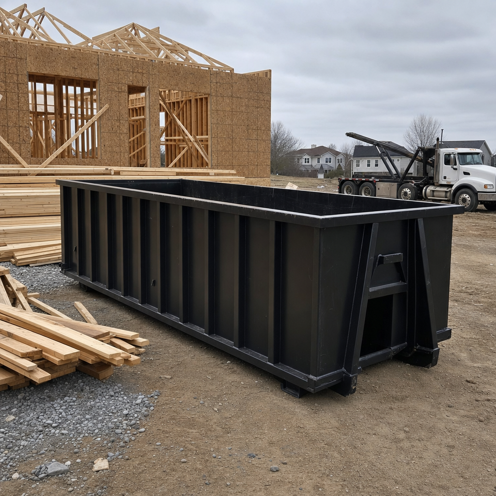 Matte-black 40-yard roll-off dumpster staged on a framed-out residential construction site in Hialeah, framing lumber stacked nearby, hooklift delivery truck visible in the background under bright Colorado daylight