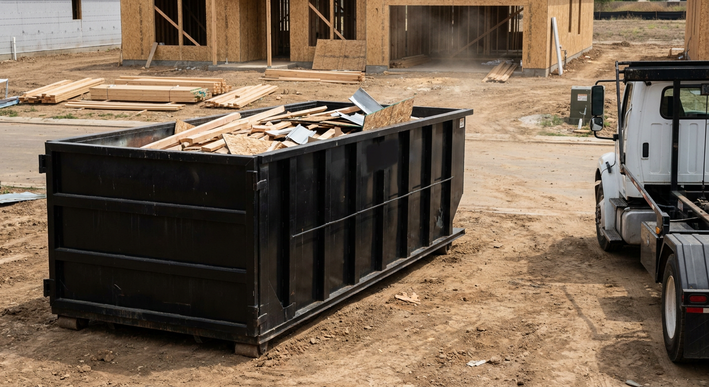 Matte-black 20-yard roll-off construction dumpster with heavy ribbed steel sidewalls and swing rear doors at a working jobsite in Hialeah, sitting directly on compacted dirt with an unmarked white hauler partially visible at the far edge of the frame.