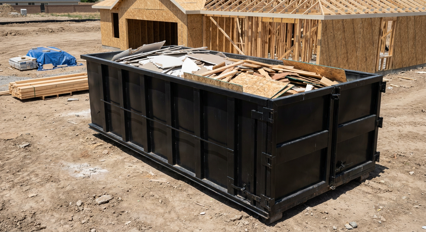 Matte-black 30-yard roll-off construction dumpster sitting directly on the compacted-dirt site of a framed single-family home build in Hialeah, drywall and lumber scrap loaded inside.