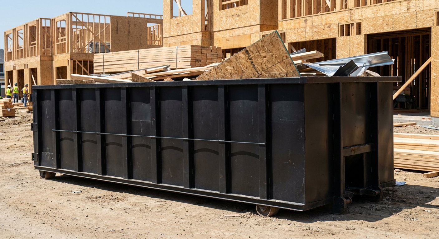 Matte-black 40-yard roll-off construction dumpster being lowered from a white-cab hooklift delivery truck onto the compacted-dirt jobsite at a commercial build site in Hialeah