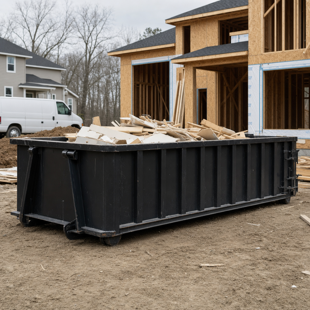 Worker in a yellow high-visibility vest tossing framing lumber and broken drywall into a matte-black 30-yard construction roll-off dumpster on an active build site in Hialeah, bright daylight