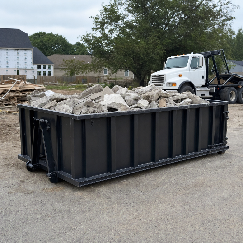 Low-profile matte-black lowboy roll-off dumpster loaded with broken concrete slab and rebar at a foundation tear-out in Hialeah, skid steer parked beside it, sunny Colorado morning