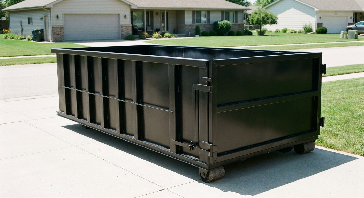 Matte-black 10-yard roll-off dumpster on a residential concrete driveway in Hialeah, uniformly painted matte black across every panel and rail, ribbed steel sidewalls and rear swing door visible, mid-day daylight.