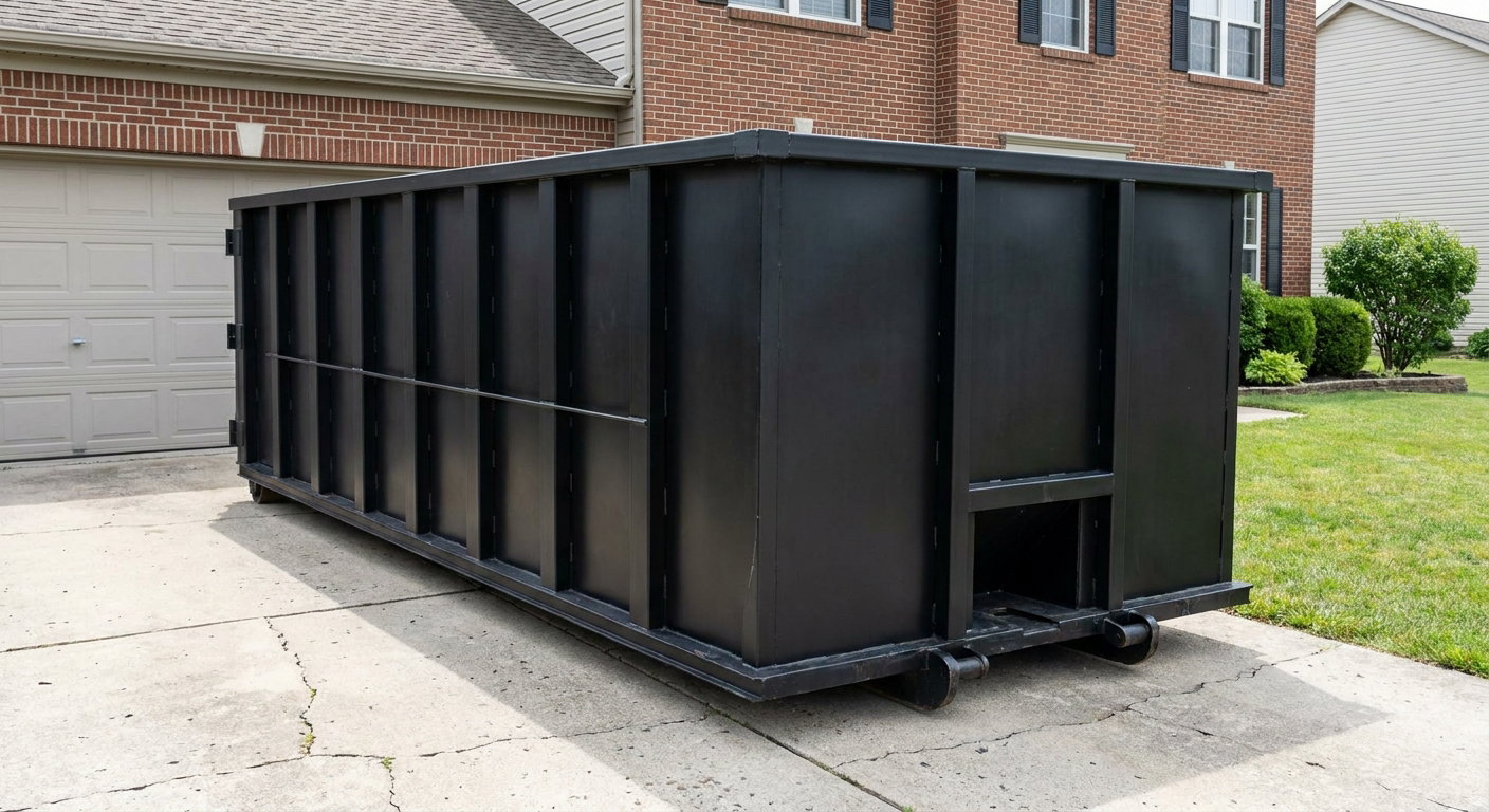 Matte-black 20-yard roll-off container on a Hialeah residential concrete driveway with reinforced ribbed steel sidewalls and a hinged rear walk-in door, clean bright daylight.
