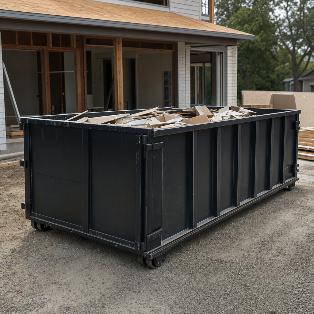 Large matte-black 30-yard construction roll-off dumpster at an active Hialeah jobsite, steel-gray top rails and bottom rollers visible, loaded with construction debris.