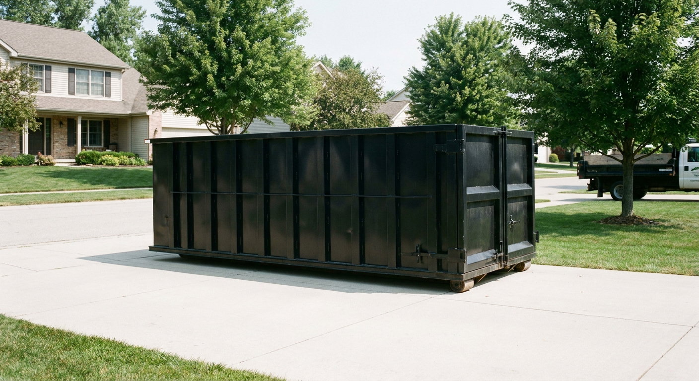 Matte-black 20-yard roll-off dumpster sitting level on a clean Hialeah residential concrete driveway under bright daylight, demonstrating clean placement directly on the concrete.