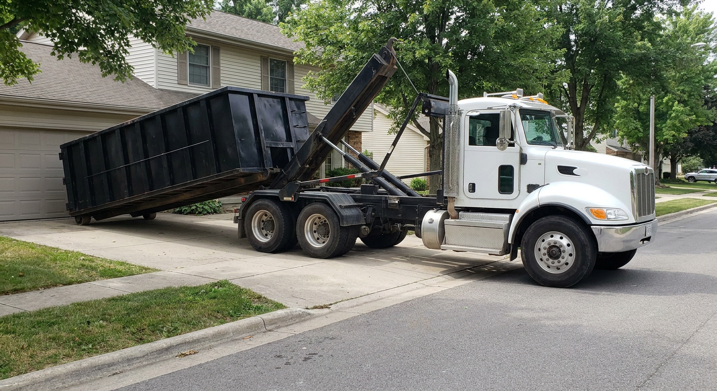 White-cab hooklift roll-off truck actively lowering a matte-black dumpster onto a Hialeah residential concrete driveway, the dumpster's rear wheels touching the driveway as the hoist arm tilts the bed forward, mid-morning daylight.