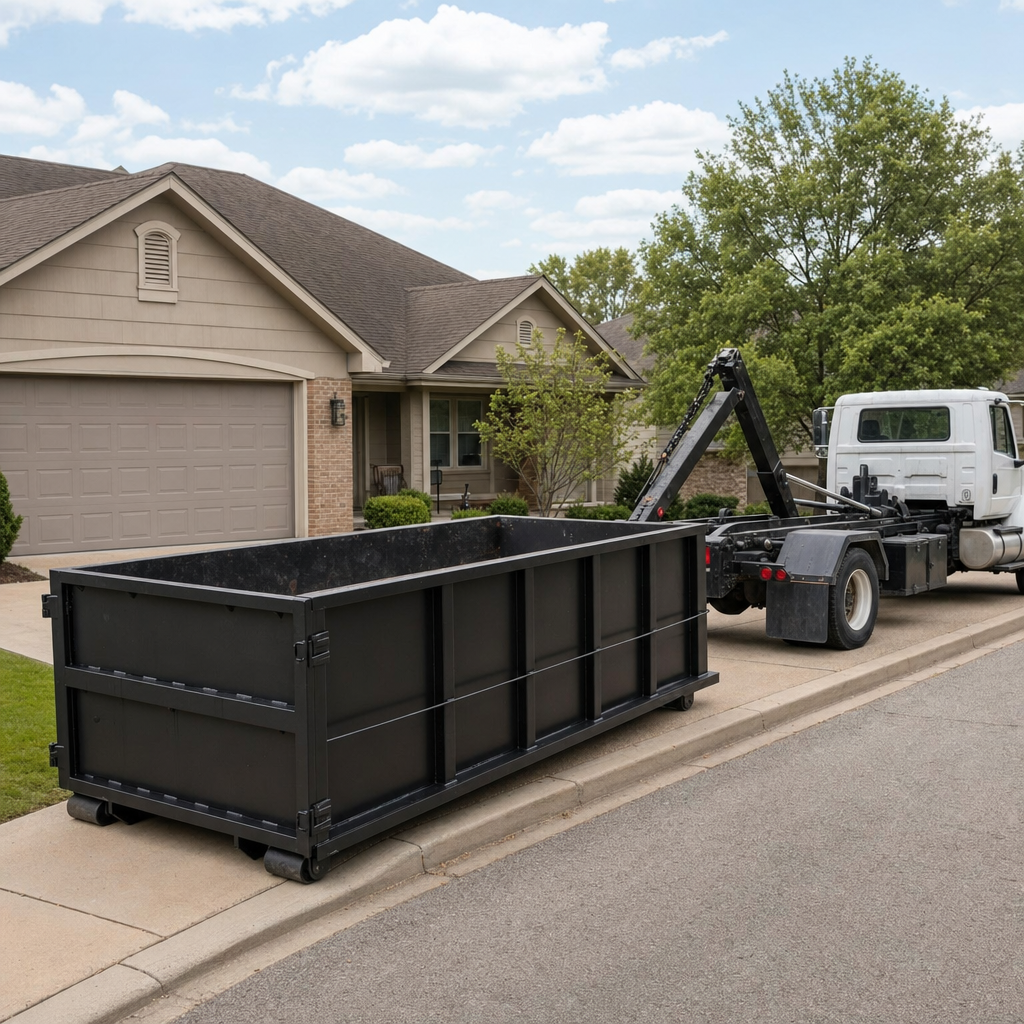 Wide documentary shot of a matte-black roll-off dumpster on a Hialeah residential driveway in the foreground and a contractor jobsite container in the soft-focus background, bright daylight, calm and orderly composition.