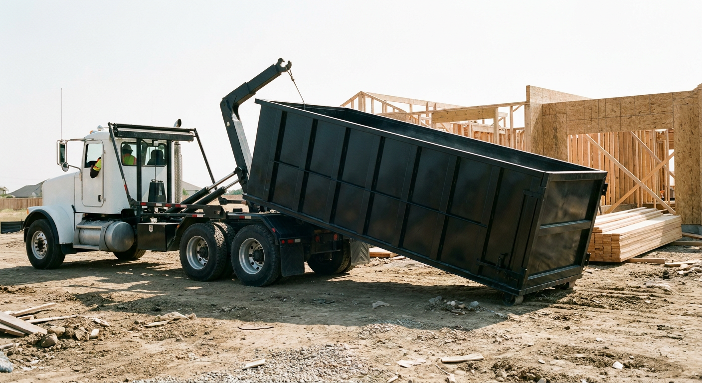 Matte-black roll-off dumpster being delivered onto a clean residential concrete driveway in Hialeah by an unmarked white hooklift hauler truck, bright morning daylight, documentary 35mm perspective.