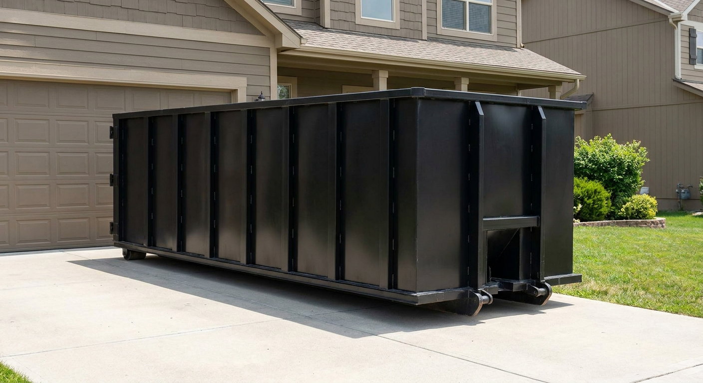 Matte-black residential roll-off dumpster sitting directly on a suburban Hialeah concrete driveway, garage door closed, single-family home in background, bright morning daylight.
