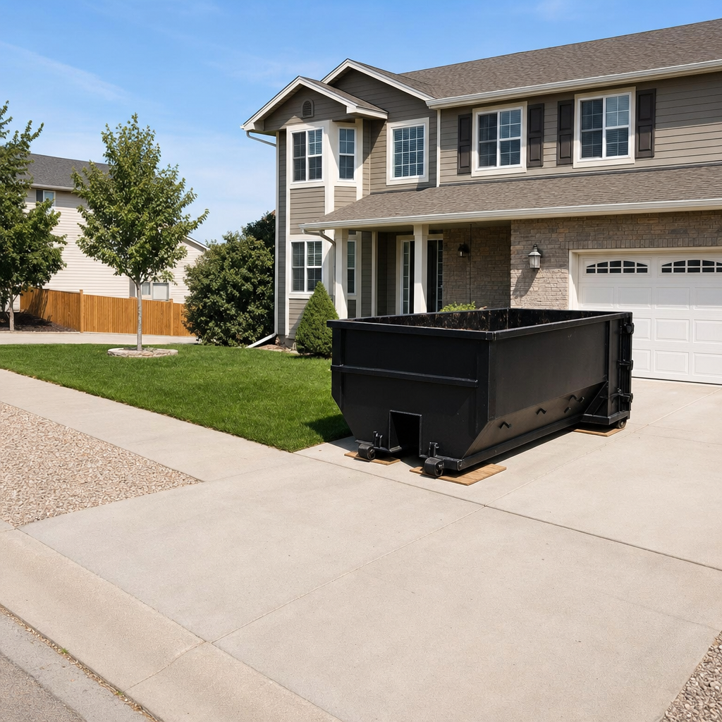 10-yard matte-black residential dumpster placed directly on a narrow Hialeah concrete driveway, room remains for a parked sedan beside it, mid-morning natural light