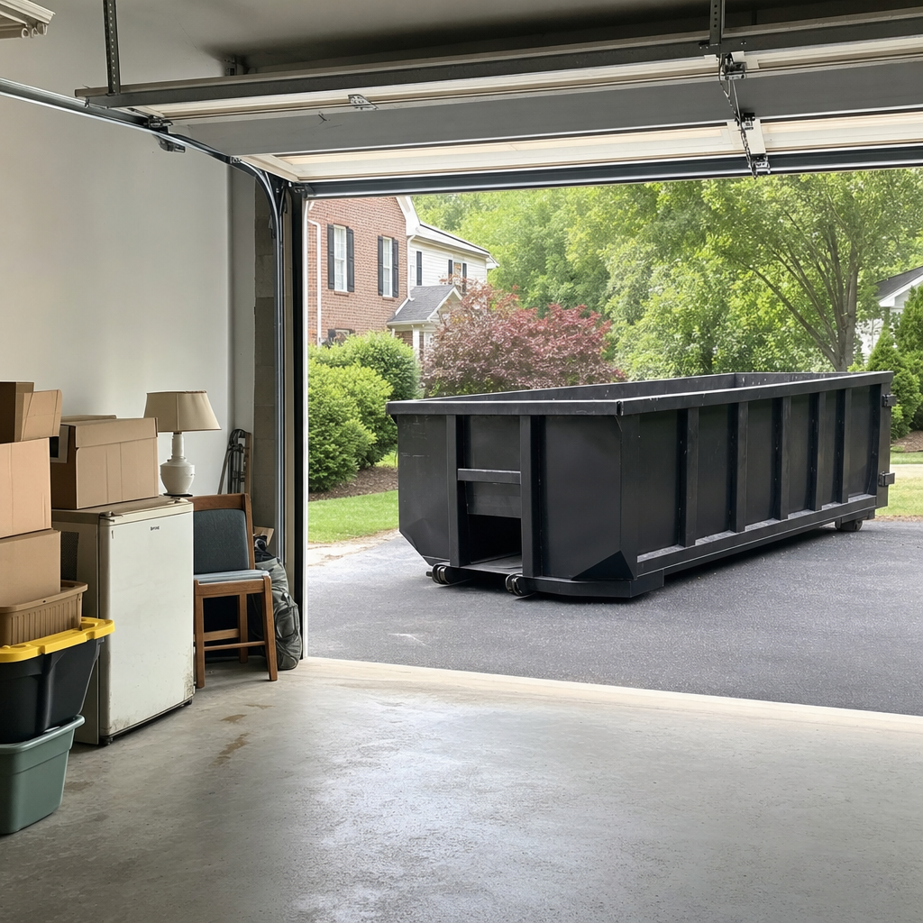 Open garage interior in a Hialeah home mid-cleanout — boxed items, an old appliance, and stacked yard tools queued near the driveway for a matte-black roll-off dumpster, organized and calm