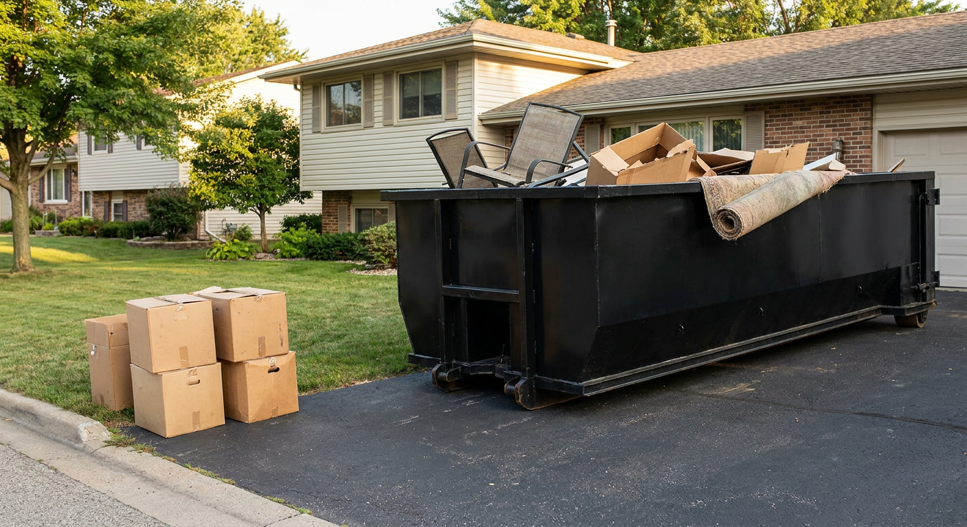 Front-yard view of a Hialeah split-level home with a 20-yard matte-black roll-off dumpster sitting directly on the asphalt driveway, a few clearly labeled donation boxes staged at the curb, calm sunny afternoon.