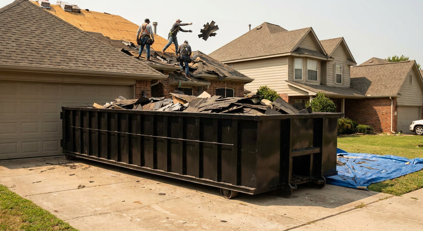Matte-black roofing roll-off dumpster placed directly on a Hialeah residential concrete driveway, a tear-off crew on a two-story asphalt-shingle roof tossing shingle bundles into the low-walled container, bright daylight, documentary 35mm perspective.