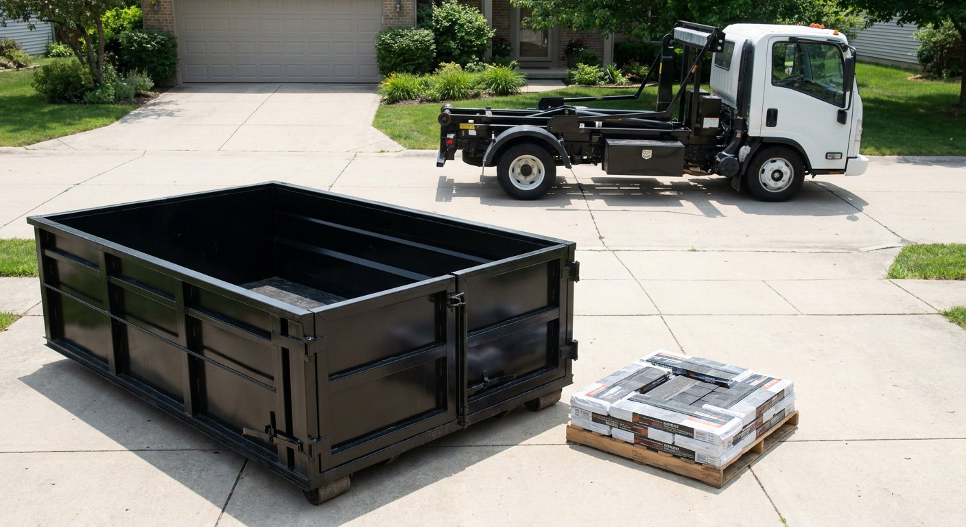 Matte-black 15-yard roofing roll-off dumpster with reinforced low side walls sitting directly on a Hialeah residential concrete driveway, three-tab asphalt shingle bundles stacked nearby, an unmarked white hauler truck partially visible at the edge of the frame.
