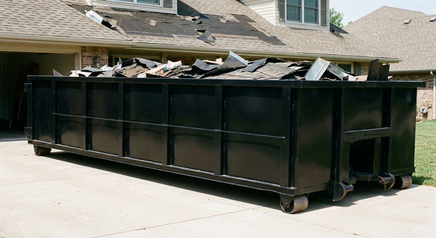 Matte-black 20-yard roofing roll-off dumpster with steel ribbed sides and swinging rear door, sitting directly on the concrete driveway of a two-story Hialeah home, asphalt shingle debris being loaded over the low wall, clean documentary lighting.