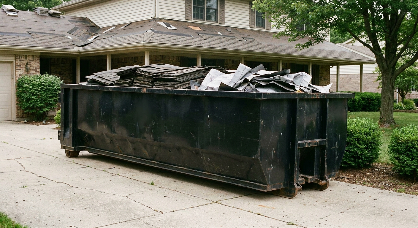 Matte-black 30-yard roofing roll-off dumpster sitting directly on a Hialeah concrete driveway, taller ribbed steel side panels, mixed tear-off debris of asphalt shingles and underlayment inside, professional documentary daylight.