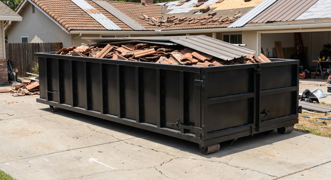 Matte-black low-wall heavy-debris roofing roll-off dumpster sitting directly on a Hialeah concrete driveway, broken concrete clay roof tiles and metal panel sections loaded inside, reinforced ribbed steel side walls visible, bright outdoor daylight.