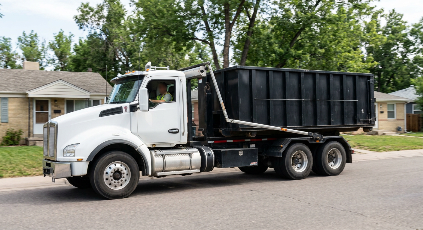 A wide documentary shot of a matte-black roll-off delivery truck pulling onto a quiet Hialeah residential street at mid-morning, with neighborhood rooftops and tree-lined blocks visible behind, showing the metro coverage footprint.