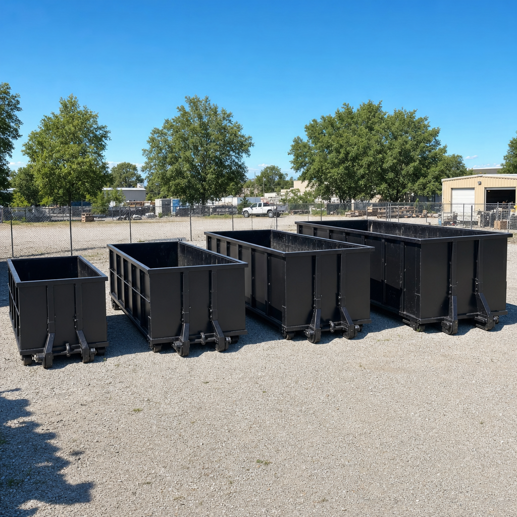 A clean lineup of matte-black roll-off dumpsters in 10, 20, 30, and 40-yard sizes staged on a sunlit gravel yard in Hialeah, showing the size progression from compact to commercial-scale containers.