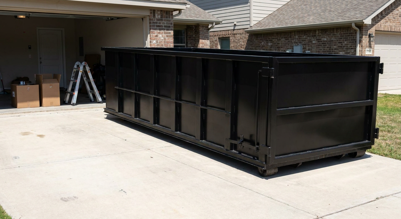 A matte-black 10-yard roll-off dumpster sitting directly on a residential Hialeah concrete driveway, mid-day sunlight, clean and ready for a garage cleanout.