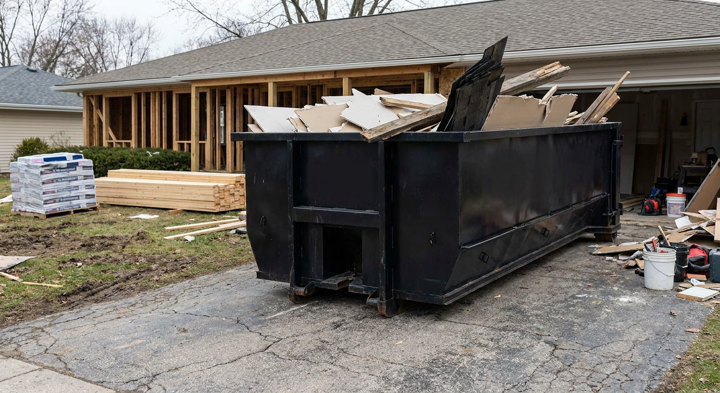 A matte-black 20-yard roll-off dumpster placed alongside a mid-renovation Hialeah home directly on the asphalt driveway, with framing materials and torn-off shingles staged neatly nearby.