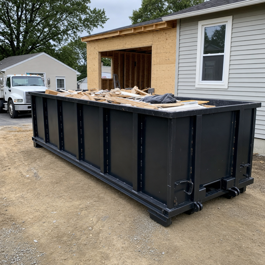 A matte-black 30-yard roll-off dumpster positioned at a Hialeah residential addition jobsite, with framing lumber and drywall scraps loaded through the open swinging rear doors.