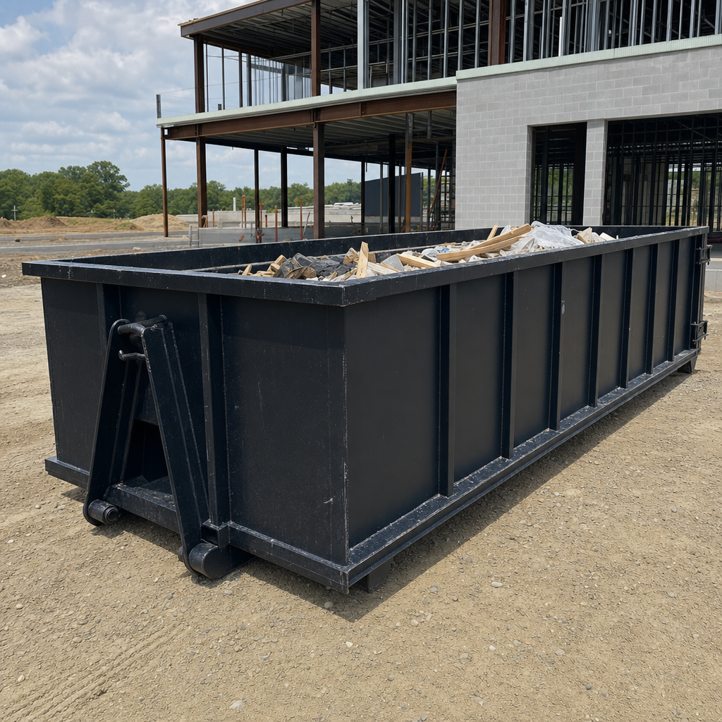 A matte-black 40-yard roll-off dumpster staged on a large Hialeah commercial construction lot, with a hooklift delivery truck parked alongside under bright midday sky.