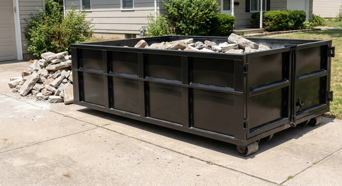 A matte-black low-side heavy-debris roll-off dumpster placed directly on a Hialeah concrete driveway, with broken concrete chunks neatly stacked beside it under clean daylight.